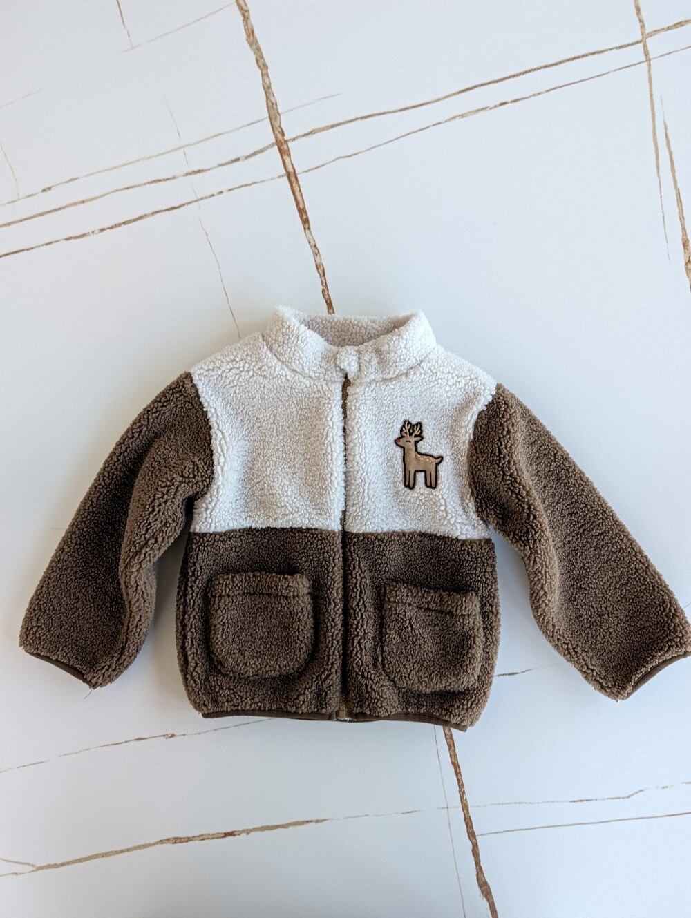 SHEIN Kids Two-Tone Sherpa Jacket in Brown and Cream with Deer Patch